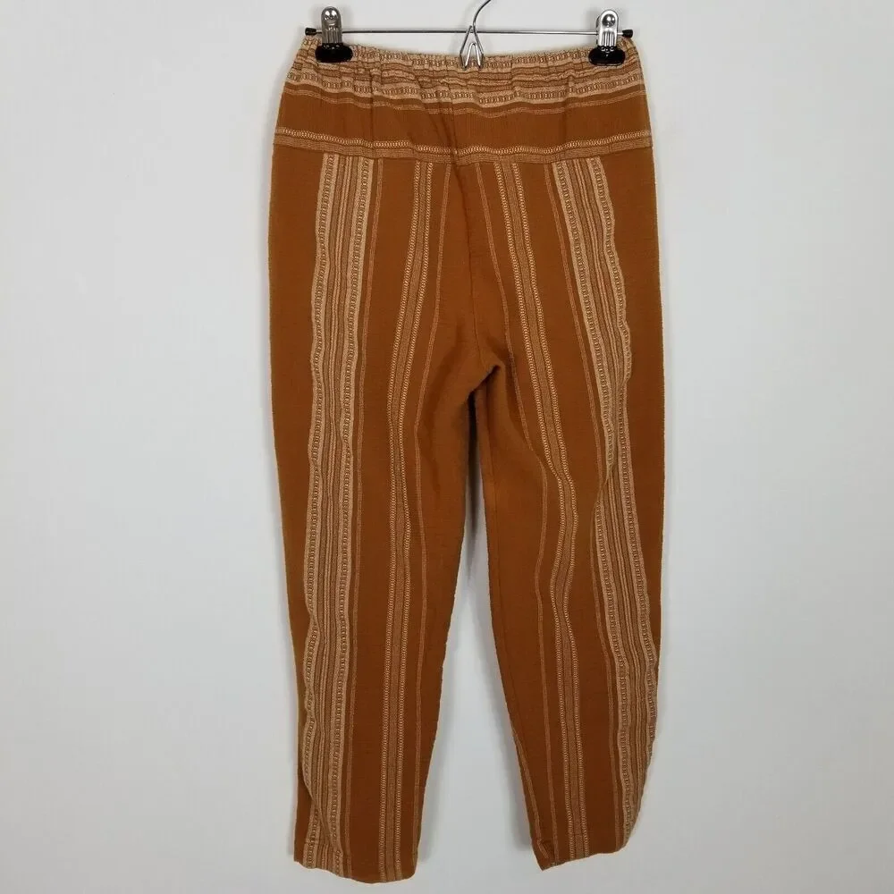 Free People Women Wide Yoke Pull On Pants Sz XS‎ Brown Boho Striped Pull On